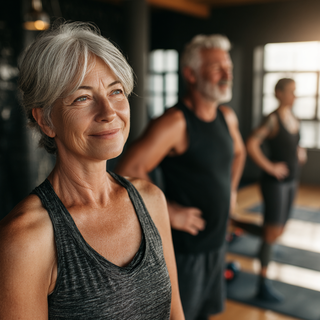 mature adults engaged in fitness activities in a peaceful environment