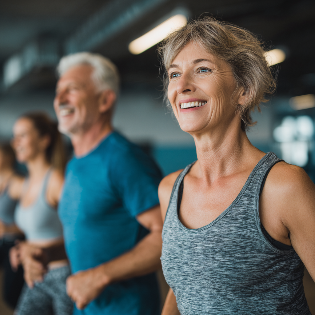 middle-aged people enjoying group fitness training session